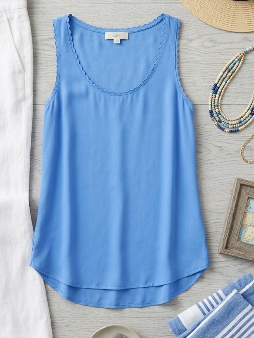 LOFT Sky Blue Scalloped-Edge Sleeveless Shell